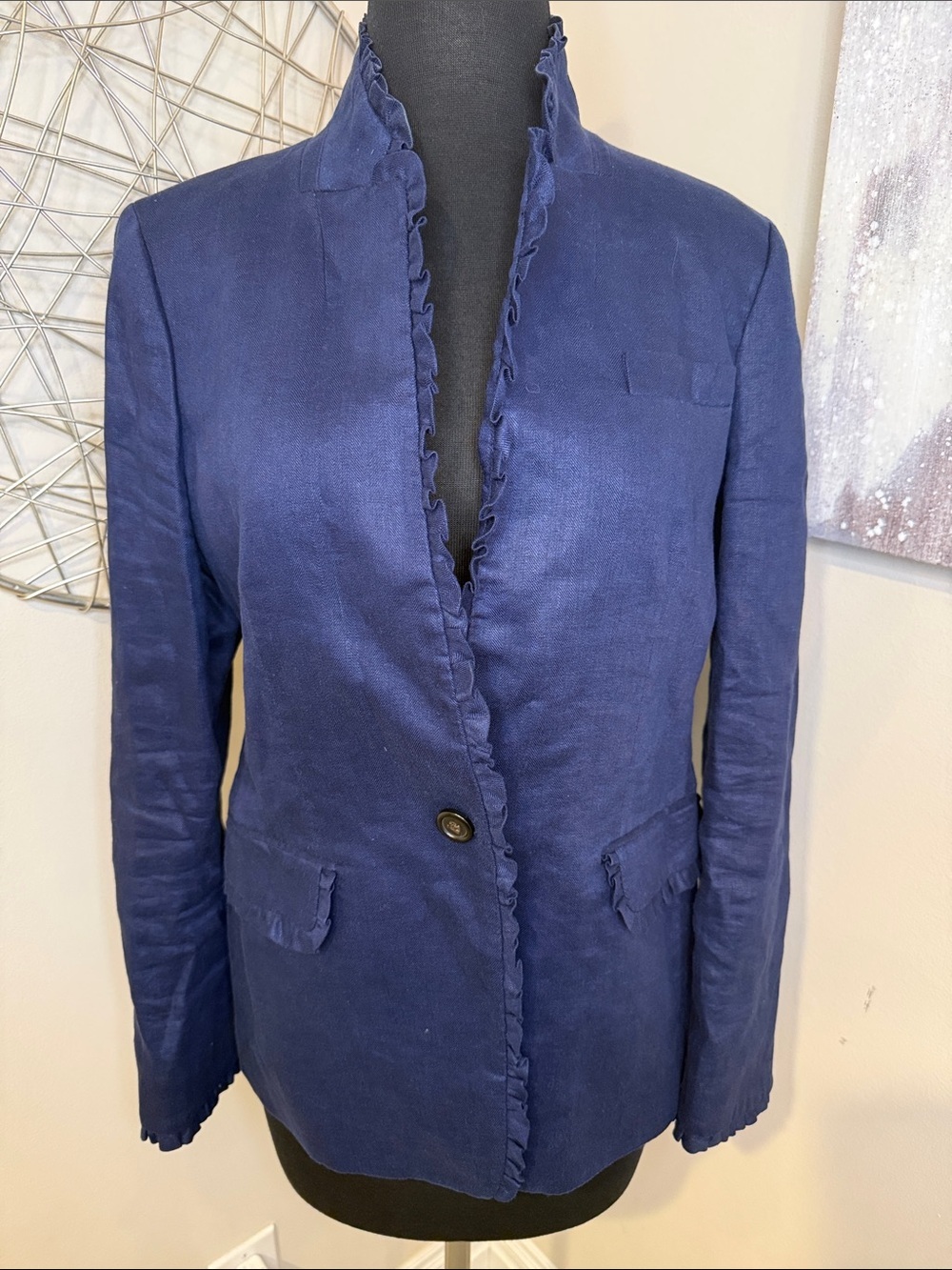 Women’s Navy Ruffle-Trim Single-Button Blazer size 10